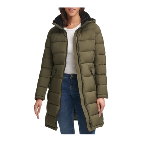 Andrew Marc Ladies' Long Stretch Jacket Olive Green Puffer Coat with Hood Size:L - Picture 3 of 13